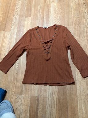 gimmicks by BKE Rust Lace-Up Ribbed V-Neck Long Sleeve Top